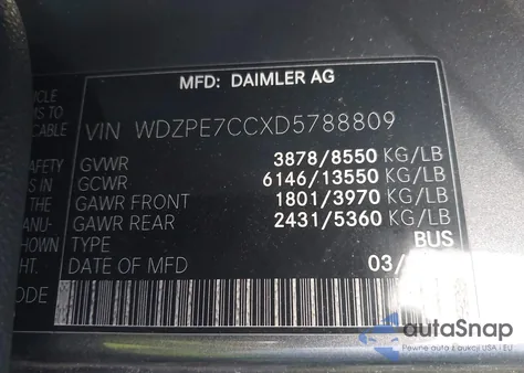 2013 Mercedes-Benz Sprinter 2500 Normal Roof из США, поврежденный, VIN WDZPE7CCXD5788809